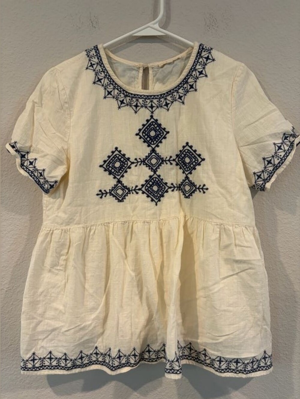 Tea N Rose Womens Cream Navy Embroidered Short Sleeve Babydoll Crewneck Top Sm